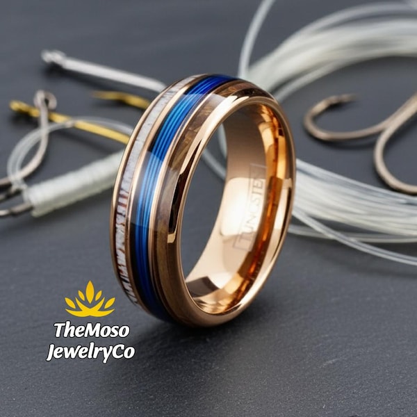 Alianza de boda para hombre, anillo de pesca de oro rosa, anillo de tungsteno con asta de ciervo y barril de whisky