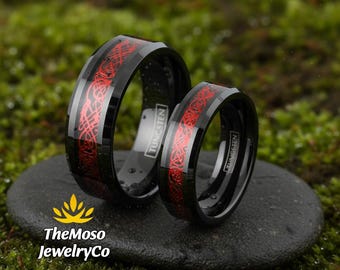 Mens Wedding Band, Men's Celtic Ring  Black Tungsten Wedding Ring With Red Celtic Dragon Inlay  Black Tungsten Ring  8mm Tungsten Ring