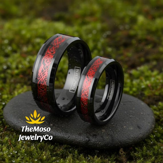 Men's Celtic Ring Black Tungsten Wedding Ring With Red Celtic Dragon Inlay Black Tungsten Ring 8mm Tungsten Ring Anniversary Ring