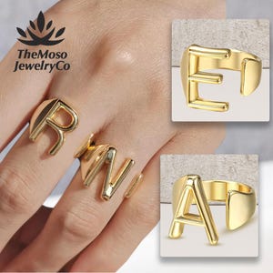 Anillos con iniciales gruesas chapados en oro de 18 quilates, anillos ajustables con iniciales para mujer, anillos ajustables con iniciales, anillos con letras de oro, anillos de la A a la Z