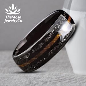 8mm Whisky Barrel Ring, Meteorite Wedding Ring, Whisky Barrel Mens Ring, Meteorite Ring, Whiskey Barrel and Meteorite Black Men Wedding Band
