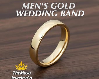 14K Mens Wedding Band, Mens Gold Wedding Band, Polished Gold  Tungsten Ring