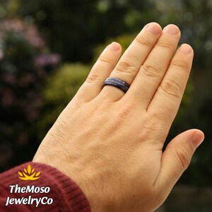 Mens Wedding Band, Blue Sandstone Meteorite Galaxy Ring, Black Tungsten Carbide Blue Sandstone & Meteorite Space Galaxy Wedding Band Ring image 7