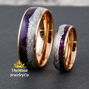 Mens Wedding Band, Rose Gold Tungsten Ring, Arrow Inlay Ring, Mens Wedding Band, Purple Meteorite Ring, Women Wedding Bands