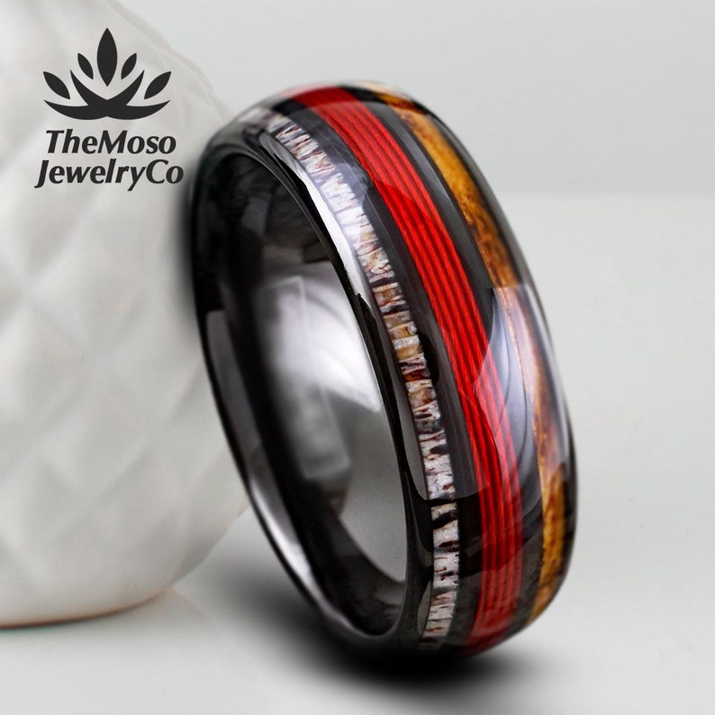 Deer Antler Fishing Ring Tungsten Whiskey Barrel Wood Ring Men's Fishing Line Ring Blue