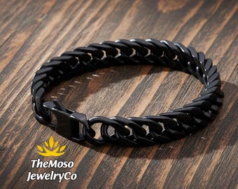 Men's 10mm Black Cuban Link Bracelet - 316L Stainless Steel Curb Chain