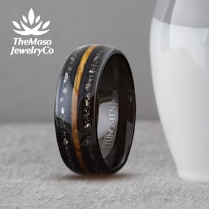 Whiskey Barrel and Meteorite Ring, Meteorite Wedding Ring, Whisky Barrel Band, Wedding Ring, Manly Ring, Burnt Whiskey Barrel Ring