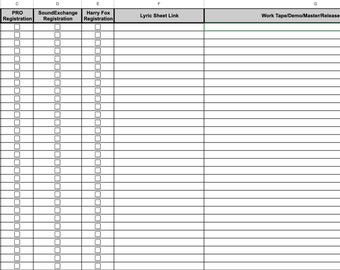 May include: A spreadsheet with column headers: Song Title, Released, PRO Registration, SoundExchange Registration, Harry Fox Registration, Lyric Sheet Link, Work Tape/Demo/Master/Released Audio Link. The spreadsheet has 25 rows.