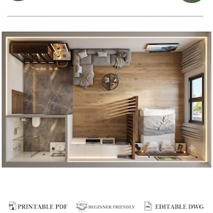 Könnte beinhalten: Ein 430 Quadratfuß Studio-Grundriss mit einer Draufsicht auf einen möblierten Wohnraum mit grauem Ecksofa, Holztisch, Bett und Badezimmer. Die Grafik enthält Textbeschriftungen für druckbare PDF- und bearbeitbare DWG-Dateien.