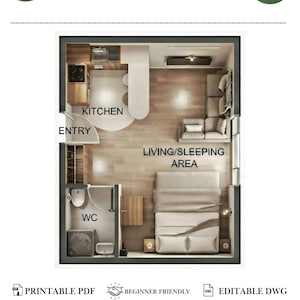 Op de afbeelding: Een 350 vierkante voet studio plattegrond met een keuken, entree, woon- en slaapgedeelte en een toilet. De indeling toont een gemeubileerde ruimte met een lichte houten vloer, een bank en een bed. Tekst bevat: 350 SQ FT STUDIO FLOOR PLAN, PRINTABLE PDF, BEGINNER FRIENDLY en EDIBLE DWG.