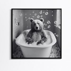 Bear in bathtub,Black and White Animal art,Funny Bathroom Wall Art Decor,Home Printables,Digital Download,Funny Animal Prints,Toilet prints