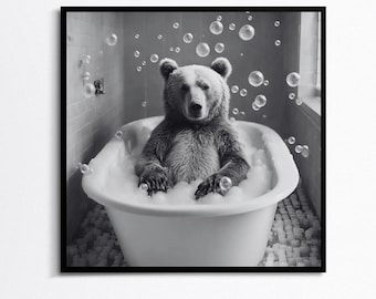 Bear in bathtub,Black and White Animal art,Funny Bathroom Wall Art Decor,Home Printables,Digital Download,Funny Animal Prints,Toilet prints