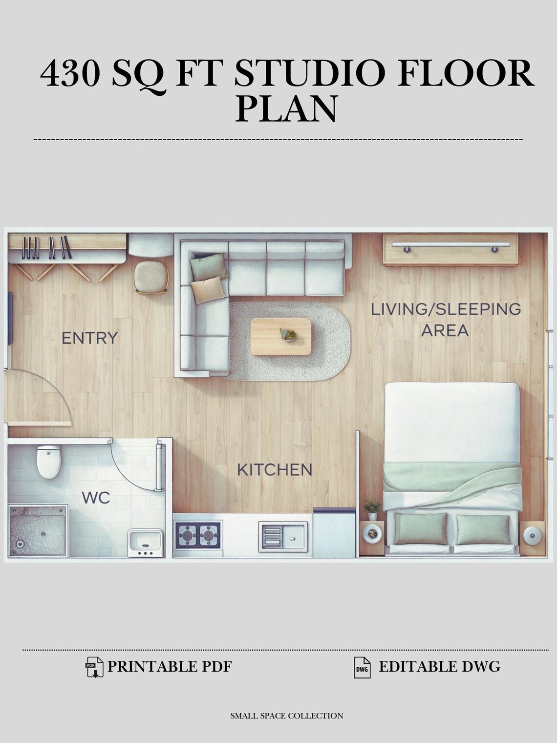 430 Sq Ft Studio Apartment Floor Plan | Tiny Home Design (PDF + DWG) - Etsy