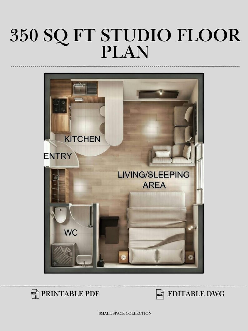 350 Sq Ft Studio Apartment Floor Plan | Minimalist Layout (PDF & DWG ...
