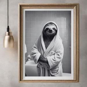 Adorable sloth in Towel Printable Wall Art| Bathroom Print| Digital Download| Black and White Animal Art| Bathroom Wall Decor| Toilet humor