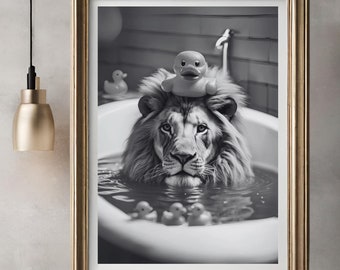 Adorable lion in Tub Printable Wall Art| Funny Bathroom Print|Digital Download|Black and White Animal Art| Bathroom Wall Decor|Toilet humor