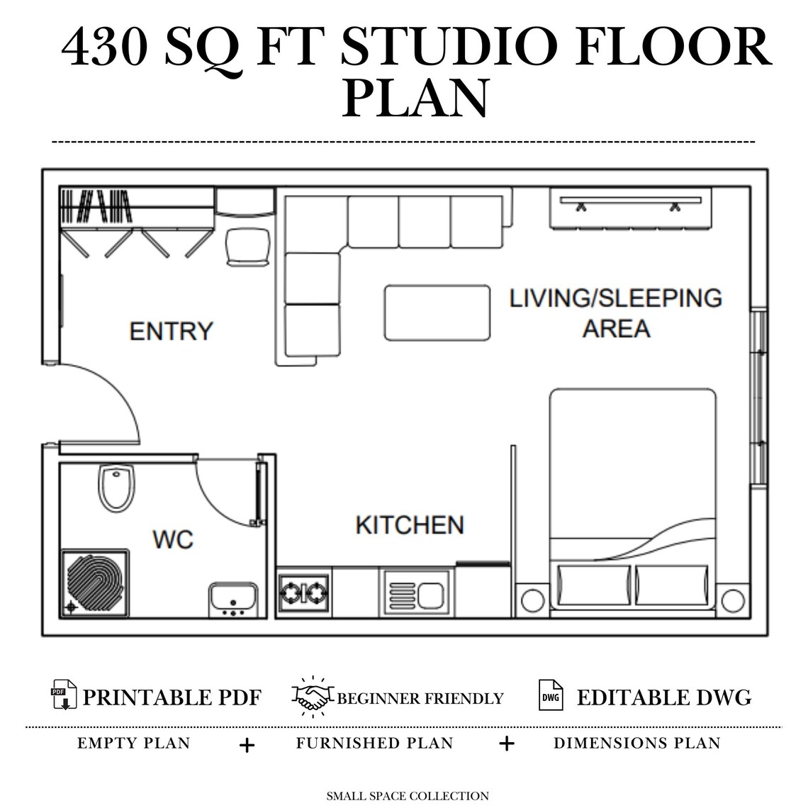 430 Sq Ft Studio Apartment Floor Plan | Tiny Home Design (PDF + DWG) - Etsy