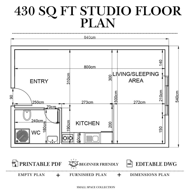430 Sq Ft Studio Apartment Floor Plan | Tiny Home Design (PDF + DWG) - Etsy