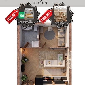 May include: A top-down floor plan for a small apartment design featuring a living area, kitchen, and bathroom. The layout includes furniture arrangements, a 3D house planner link, and a 27-page guide. Text includes Small Apartment Design.