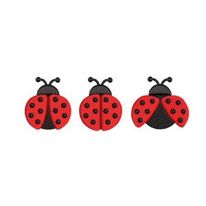 May include: Three embroidered ladybug designs. The ladybugs are red with black spots and black legs and antennae. One ladybug has its wings open.