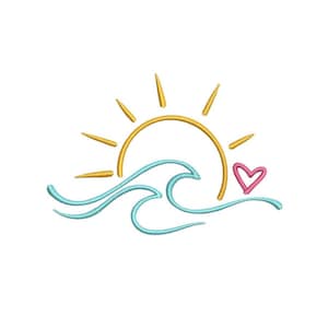 Peut inclure: Un soleil jaune avec une vague bleue et un cœur rose. Le soleil se couche derrière la vague.