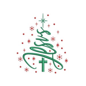 May include: A green embroidered Christmas tree design with the word "Jesus" incorporated into the tree's shape. Red snowflakes and dots surround the tree, with a star at the top and a cross at the base.