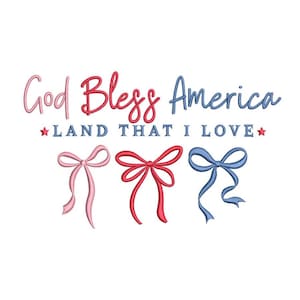 Gud välsigne Amerika USA 4 juli Coquette Satin Rosett Stjärnor Patriotiska Broderidesign, Självständighetsdagen Digital Fil, 4 storlekar