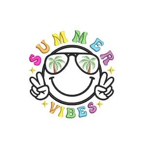 May include: A smiling yellow face wearing sunglasses with palm trees reflected in the lenses. The face is surrounded by the words "SUMMER VIBES" in rainbow colours.