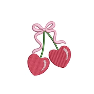 May include: Embroidered design of two red heart-shaped cherries with white highlights, connected by green stems and a pink bow. The design is on a white background.