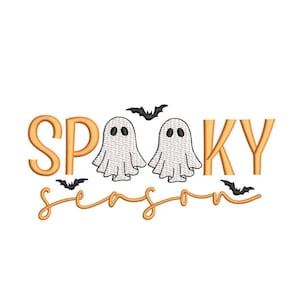 May include: Orange text that reads "Spooky Season" with two white ghosts and three black bats.