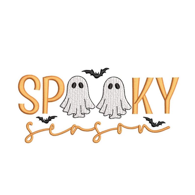 May include: Orange text that reads "Spooky Season" with two white ghosts and three black bats.