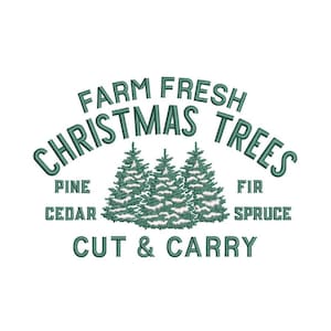 May include: Farm fresh Christmas trees, cut and carry. Pine, cedar, fir, and spruce trees are shown with snow on the branches.