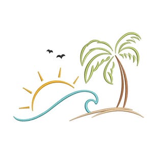 Sun Waves Palm Tree Embroidery Design, Summer Holiday Digital File, 4 sizes