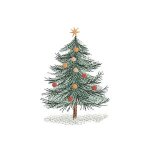 May include: A green Christmas tree with a gold star on top and red and orange ornaments.
