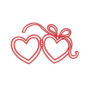 May include: Red heart-shaped glasses with a bow detail. The glasses are connected in the middle and have a double outline. The bow is at the top right, set against a white background.