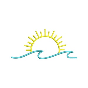 May include: A yellow sun with rays rising over a blue wave.