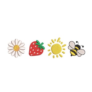 May include: Four embroidered patches featuring a white daisy, a red strawberry, a yellow sun, and a black and yellow bee.