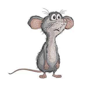 Op de afbeelding: Geborduurde cartoonmuis met grote oren, een lange staart en een bezorgde uitdrukking. De muis is grijs met roze oren en poten, staand tegen een witte achtergrond. Het ontwerp heeft een getextureerde, gestikte uitstraling.