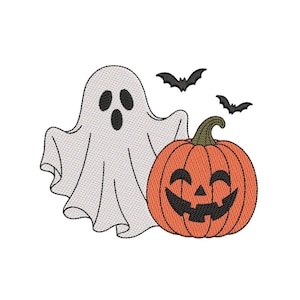 May include: An embroidery design featuring a white ghost with black oval eyes and an open mouth, positioned next to an orange jack-o'-lantern with a green stem and a black carved face. Two small black bats are flying above the pumpkin.