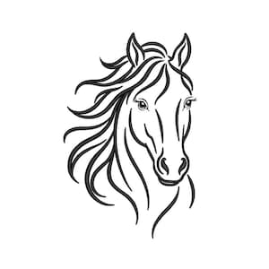 May include: A black and white line art illustration of a horse head featuring a flowing mane. The design uses bold, continuous black outlines to define the facial features, eyes, ears, and the sweeping, wind-blown strands of the horse's hair.