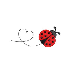 May include: A red ladybug with black spots flies through the air, leaving a heart-shaped trail behind it.
