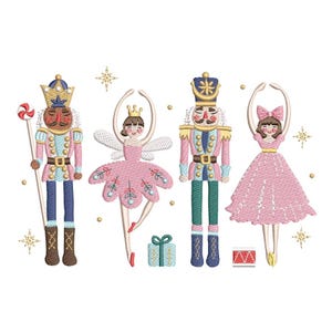 May include: Embroidered design featuring four figures: two nutcrackers, a ballerina with wings, and a ballerina with a bow. The figures are in pink, blue, and gold, with a gift, drum, and star accents. The design is on a white background.