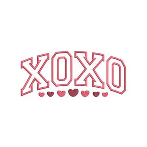 May include: Pink XOXO graphic with white outline in a varsity style font with a row of pink hearts below.
