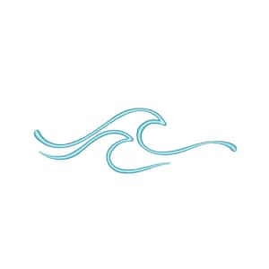 Könnte beinhalten: Ein hellblaues, gesticktes Wellenmuster auf weißem Hintergrund. Die Welle ist mit fließenden Linien stilisiert, die Bewegung suggerieren. Dieses Design eignet sich für nautische oder Strand-Themen-Bastelarbeiten und Kleidung.
