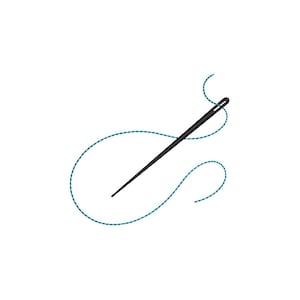Pode incluir: Uma agulha de costura preta com linha turquesa sobre um fundo branco. A agulha está angulada, com a linha formando um laço. Ideal para projetos de costura e artesanato.