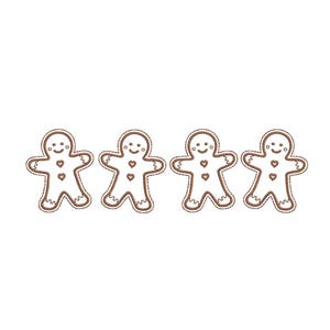 以下が含まれることがあります： 茶色の縁取りとハートや笑顔の顔などの詳細が施された、4つの刺繍されたジンジャーブレッドマンのデザイン。白い背景にあり、ホリデーのクラフトや装飾に最適です。