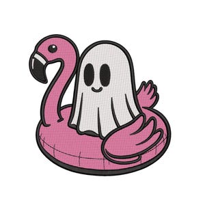 May include: Embroidered patch featuring a cartoon ghost floating on a pink flamingo pool float. The ghost is white with black eyes and a smile. The flamingo has a black beak and outline.