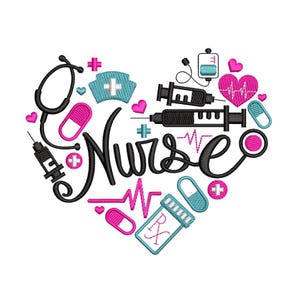 Nurse Stethoscope Heart Pulse Pills Band Embroidery Design, Medic Digital File, 4 sizes
