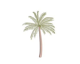 May include: A single palm tree with a brown trunk and green leaves. The tree is isolated against a white background.