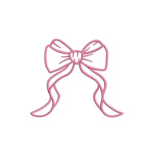 May include: A pink outline of a bow with two long tails.